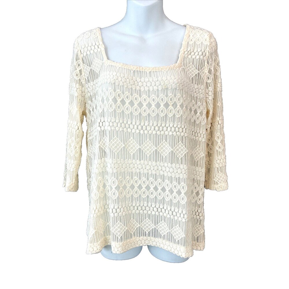 Lucky Brand Sheer Lace Square Neck Top Size M Ivory Boho Romantic Fairy Coquette